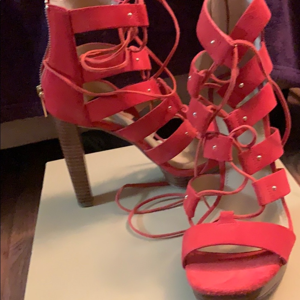 Red sandal lace heels